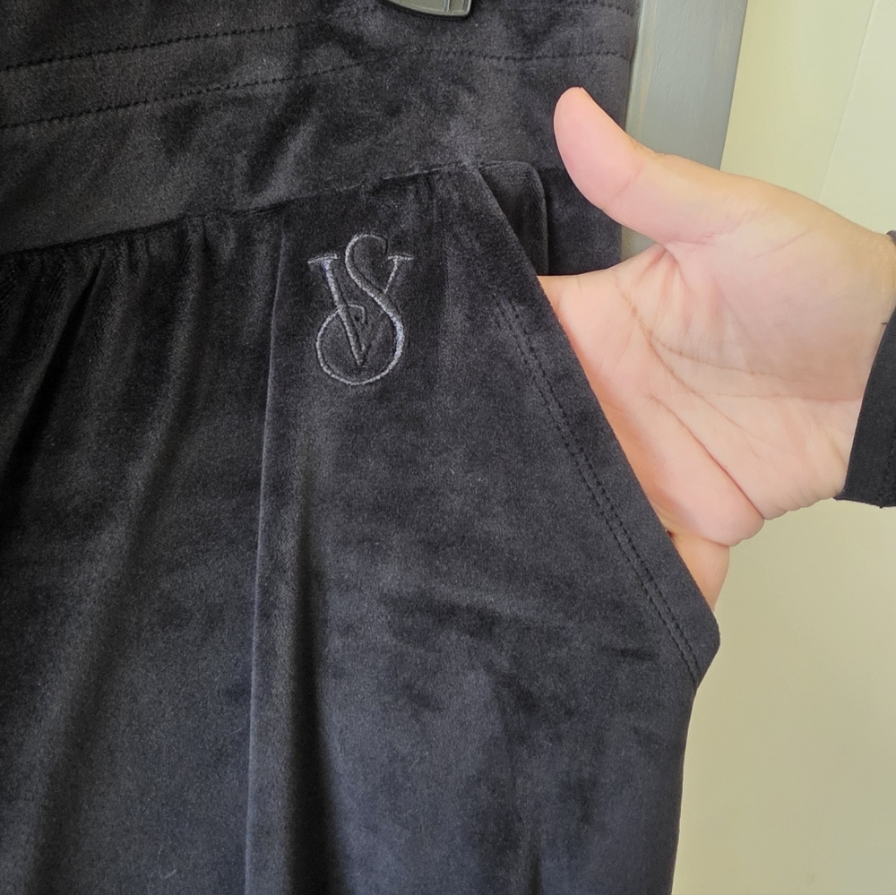 Victoria's Secret Black Velour Pants with Embroidered Logo And Rhinestoned
